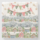 Schattige Snowy Christmas Village Stenen Onderzetter (Voorkant)