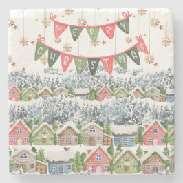 Schattige Snowy Christmas Village Stenen Onderzetter