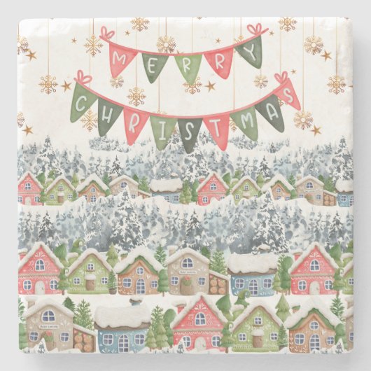 Schattige Snowy Christmas Village Stenen Onderzetter (Voorkant)