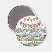 Schattige Snowy Merry Christmas Village Magneet (Voorkant / Achterkant)