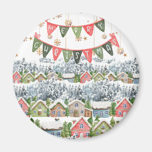 Schattige Snowy Merry Christmas Village Magneet