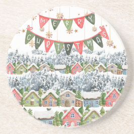 Schattige Snowy Merry Christmas Village Zandsteen Onderzetter