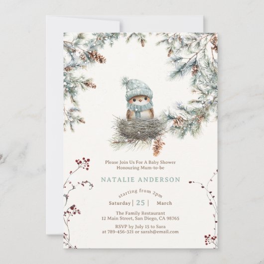 Schattige Snowy Woodland Blue Bird's Nest Baby sho Kaart (Voorkant)