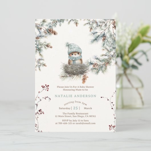 Schattige Snowy Woodland Blue Bird's Nest Baby sho Kaart (Staand voorkant)