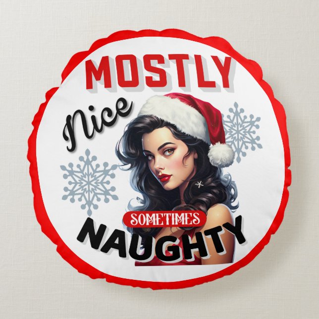 Schattige Soms Ondeugend Retro Kerst Pinup Rond Kussen (Voorkant)
