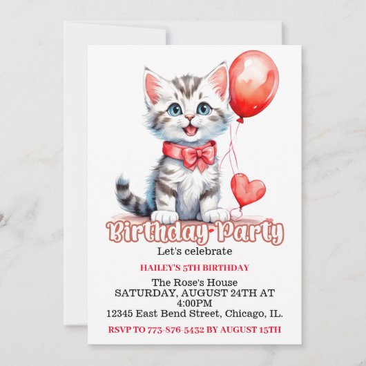 Schattige speels kitty kat verjaardagsfeest kaart (Voorkant)