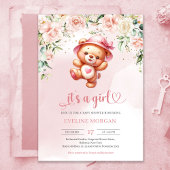 Schattige speels meisje teddybeer in floraal baby  kaart