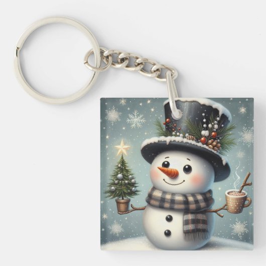 Schattige speelse Kerstmis/winter sneeuwman Sleutelhanger (voorkant)