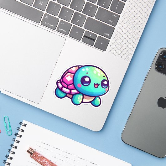 Schattige speelse kleurrijke Shell Turtle Sticker (Laptop met iPhone)