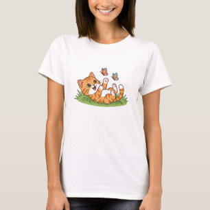 Schattige speelse oranje kat met vlinders t-shirt