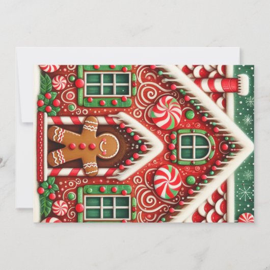 Schattige, speelse peperkoek man & huis feestdagenkaart (Voorkant)