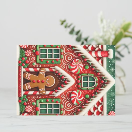 Schattige, speelse peperkoek man & huis feestdagenkaart (Staand voorkant)