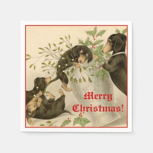 Schattige spelen teckel honden en maretak vintage servetten (Voorkant)