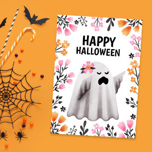 Schattige spook Halloween kaart met pastelbloemen