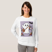 Schattige spook met koffie en stijlvolle tas t-shirt (Voorkant volledig)