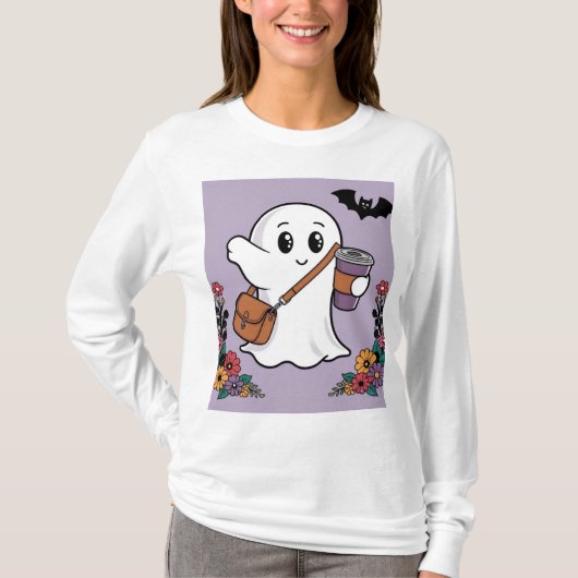 Schattige spook met koffie en stijlvolle tas t-shirt (Voorkant)