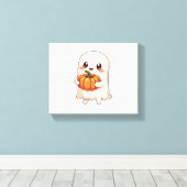 Schattige spook met pompoen - grappige Halloween Canvas Afdruk (Insitu (Houten vloer))