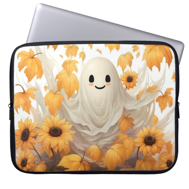 Schattige spook met zonnebloemen laptoptas laptop sleeve (Voorkant)