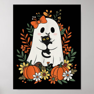  Schattige spook met zwarte poes en pompoenen hal Poster