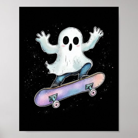 Schattige spook op skateboard grappig Halloween Sk Poster (Voorkant)