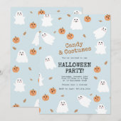 Schattige spook & pompoen blauw Halloween feest Kaart (Voorkant / Achterkant)