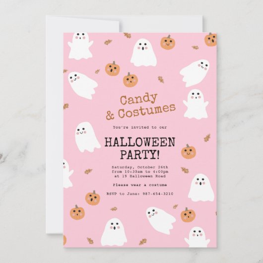 Schattige spook & pompoen roze Halloween Party Kaart (Voorkant)
