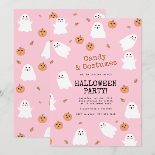 Schattige spook & pompoen roze Halloween Party Kaart (Voorkant / Achterkant)