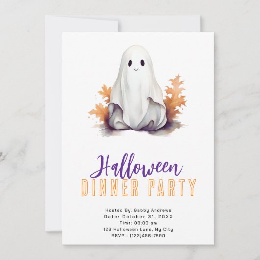 Schattige spook Sinaasappel verlaat Halloween Dinn Kaart (Voorkant)