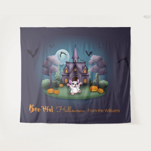 Schattige spook spookhuis achtergrond Halloween Wandkleed (Voorkant (horizontaal))