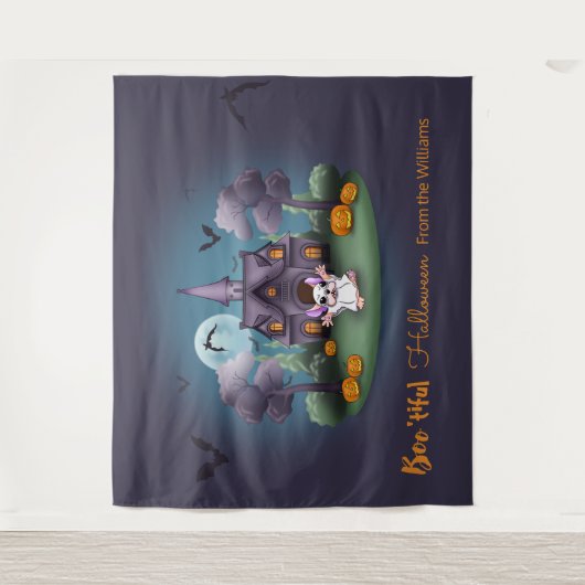 Schattige spook spookhuis achtergrond Halloween Wandkleed (Voorkant)