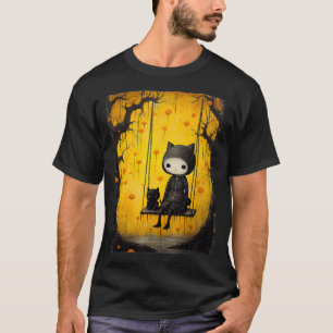 Schattige spook zwarte kat op de schommel hallowe T-shirt