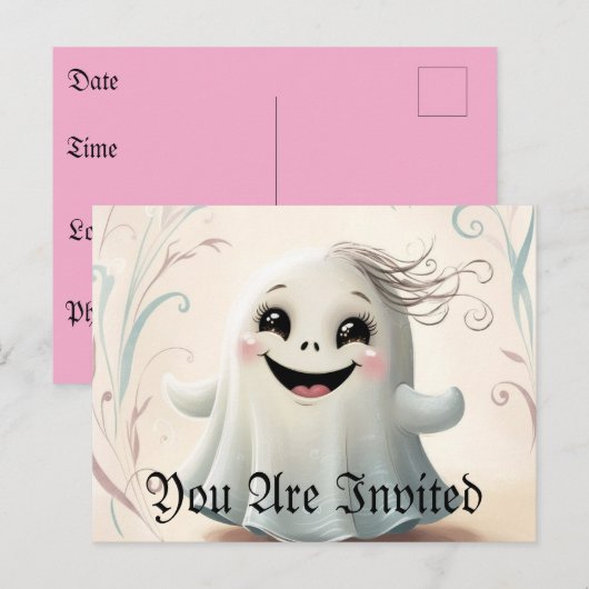 Schattige Spookachtige Vriend Halloween Design Uitnodiging Briefkaart (Voorkant / Achterkant)