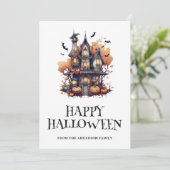 Schattige spookhuis vleermuizen pompoenen hallowee feestdagenkaart (Staand voorkant)