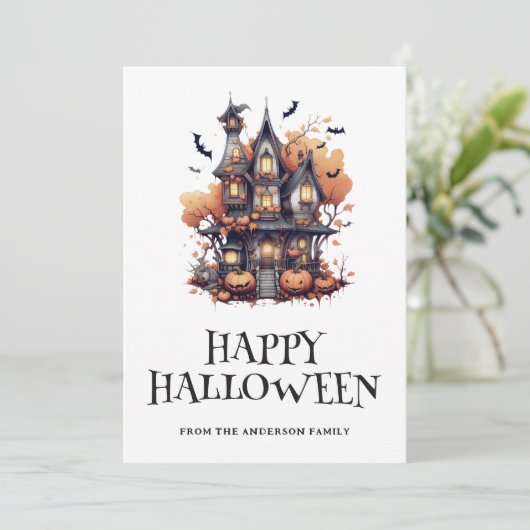 Schattige spookhuis vleermuizen pompoenen hallowee feestdagenkaart (Staand voorkant)
