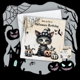 Schattige Spooky Halloween Kitten Verjaardagsfeest Kaart