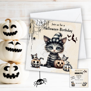 Schattige Spooky Halloween Kitten Verjaardagsfeest Kaart
