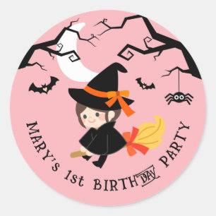 Schattige & Spooky Heks Roze Halloween Verjaardags Ronde Sticker