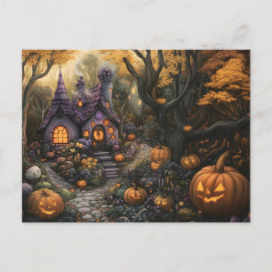 Schattige Spooky House en Halloween pompoen patch Briefkaart