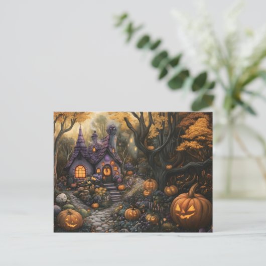 Schattige Spooky House en Halloween pompoen patch Briefkaart (Staand voorkant)