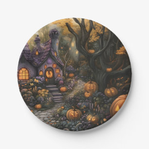 Schattige Spooky House en Halloween pompoen patch Papieren Bordje