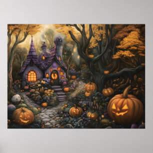 Schattige Spooky House en Halloween pompoen patch Poster