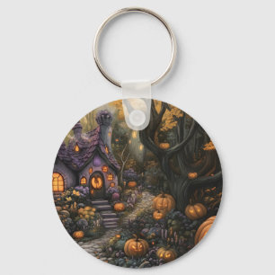 Schattige Spooky House en Halloween pompoen patch Sleutelhanger