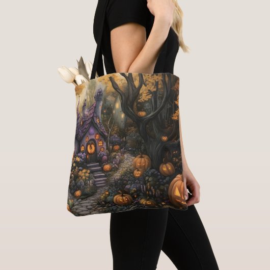 Schattige Spooky House en Halloween pompoen patch Tote Bag (Dichtbij)