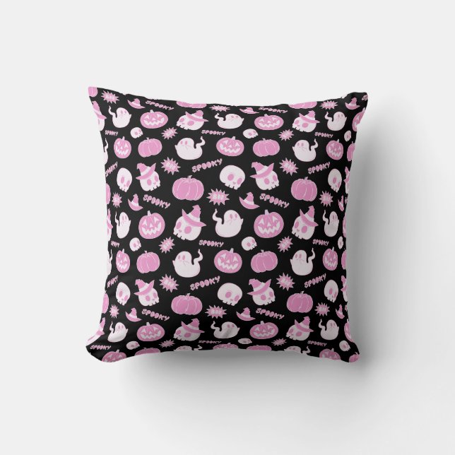Schattige Spooky Zwart en Roze Halloween Pattern Kussen (Voorkant)