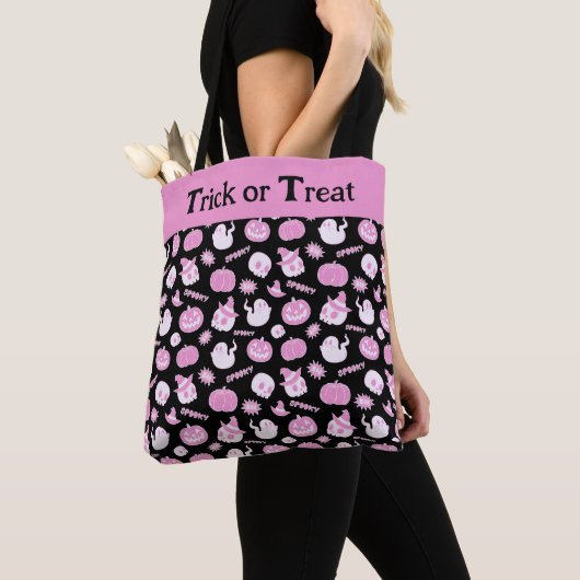 Schattige Spooky Zwart en Roze Halloween Pattern Tote Bag (Dichtbij)