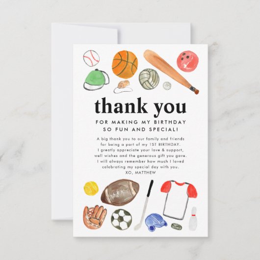 Schattige sportballen kinderen jongen verjaardag b bedankkaart (Voorkant)