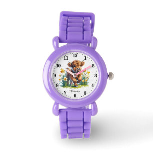 Schattige Spring meisjes Highland koe voeg naam to Horloge