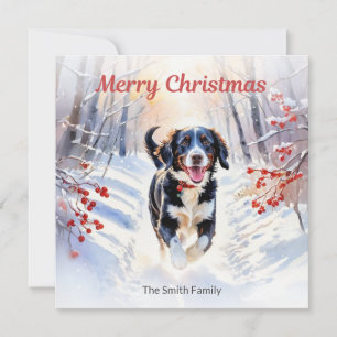 Schattige Springador-hond in sneeuw watercolor Ker Feestdagenkaart