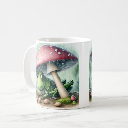 Schattige sprinkhaan onder paddenstoelenparaplu koffiemok (Voorkant links)