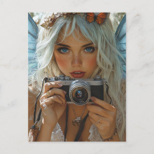 Schattige sproeten fee met een camera briefkaart